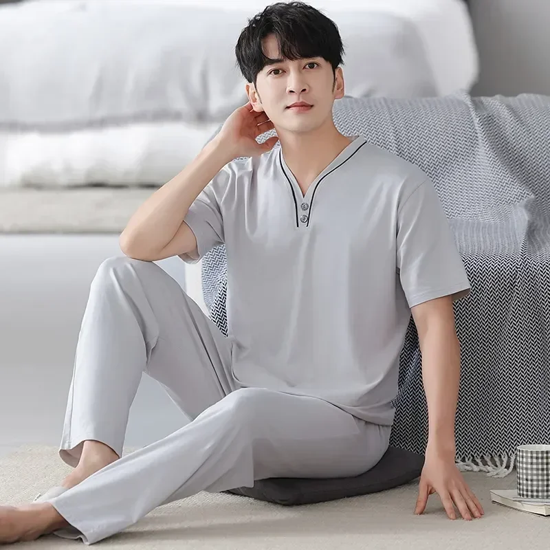 Pants Summer Tops+long Modal Newest Sleepwear Short Sleeve Set Pajamas Pyjamas 2pcs Men