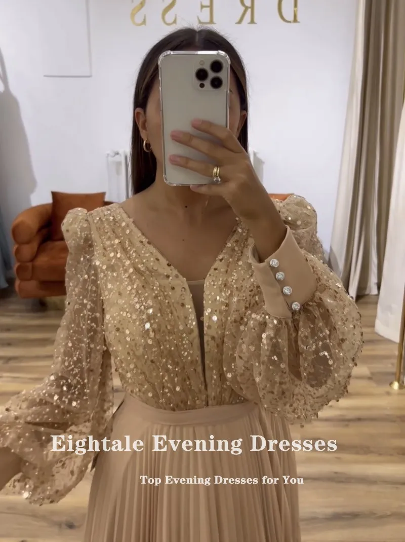 Eightale Elegant Evening Dress Champagne V-Neck Sequin Long Sleeves Customized Chiffon Prom Party Gown Arabic Robes De Soirée