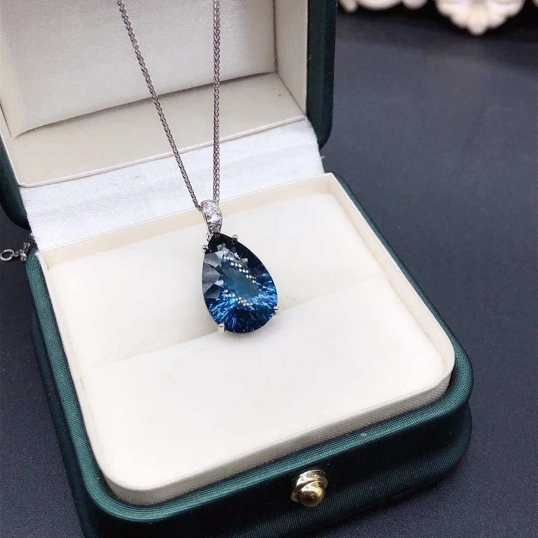 Celestial Londres Azul Topa Pedra Pingente 925 Jóias de Prata Esterlina Colar de Luxo Feminino Jóias Certificado Boutique de Natal