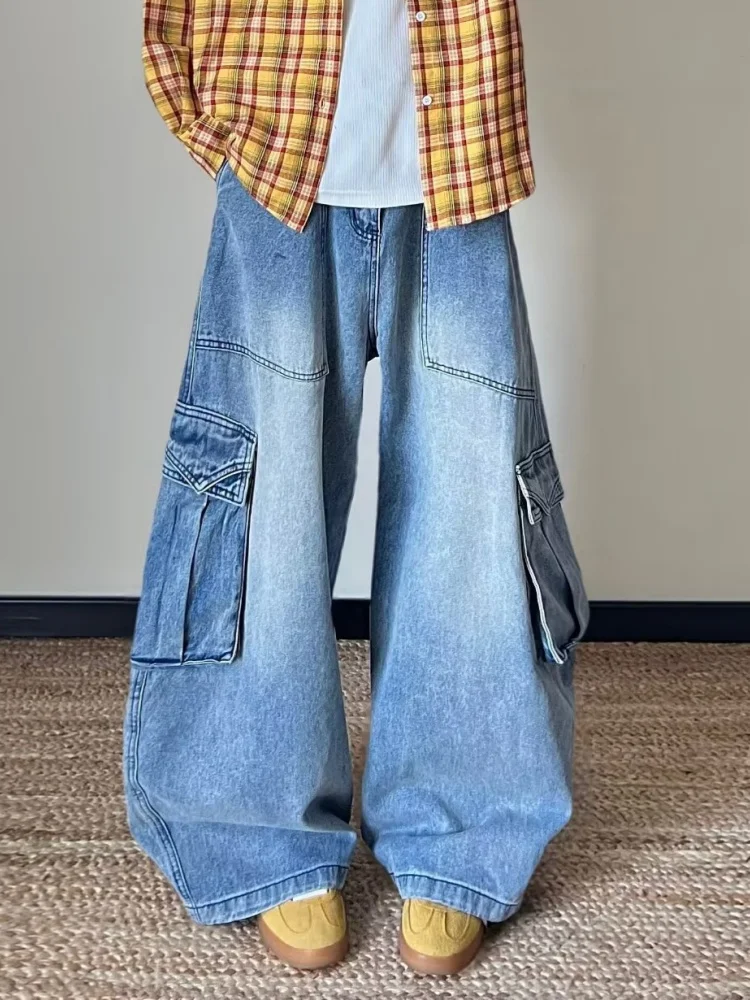 2026 American Retro Y2K Streetwear Washed Blue Baggy Cargo Jeans Pants For Men Clothing Wide Leg Denim Trousers Pantalon Homme