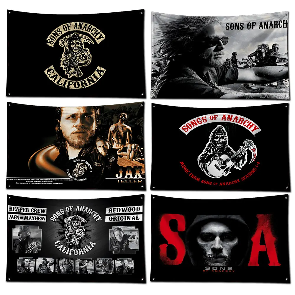 3x5 Ft S-Sons of Anarchy Flag Poliestrowy baner z nadrukiem cyfrowym do dekoracji drzwi garażowych z mosiężnymi przelotkami