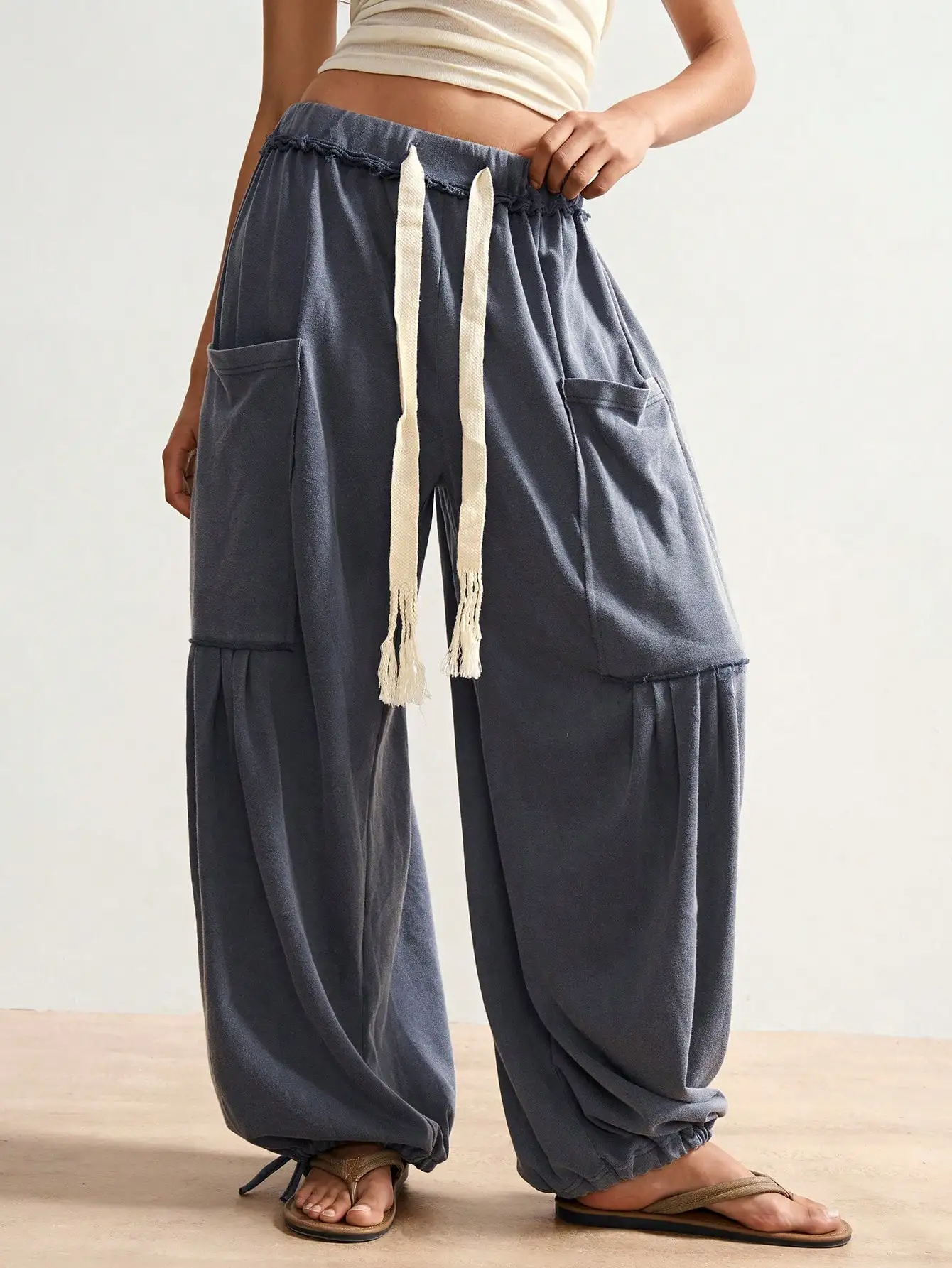 Plus Size Drawstring Pocket Wide Leg Pants, Loose Y2K Fall, High Waist Casual Trousers for Women