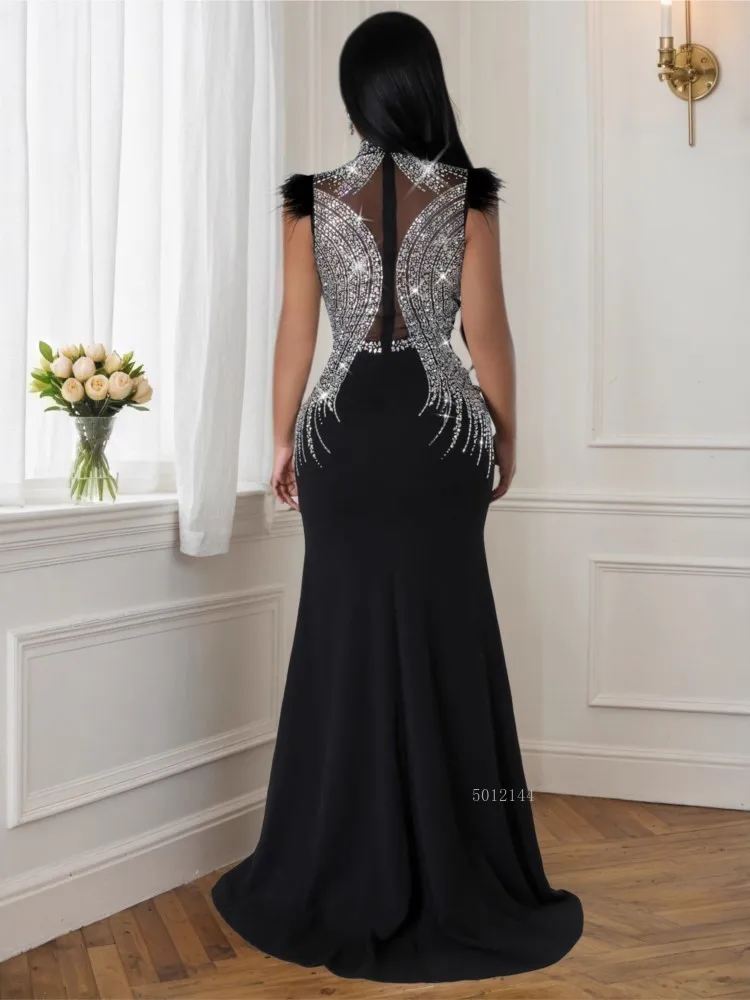 2026 Women Sleeveless Sexy Evening Long Mermaid Dress Rhinestone Mesh Patchwork Split Side Elegant Party Maxi Dress Black White