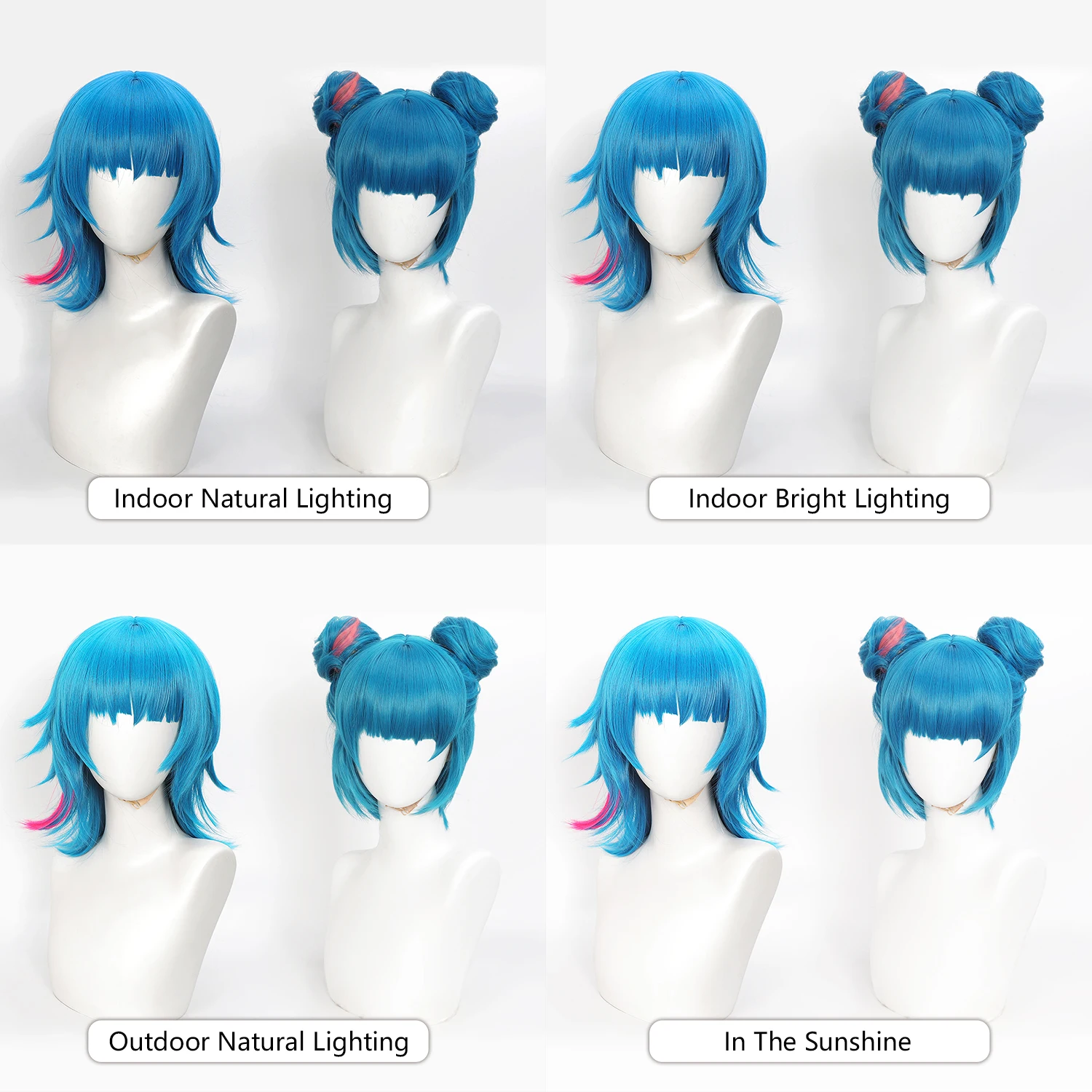 Arcane Jinx Cosplay Wig Blue Pink Highlight Short Synthetic Wig With Optional Double Buns For Halloween Game Role Play Costume