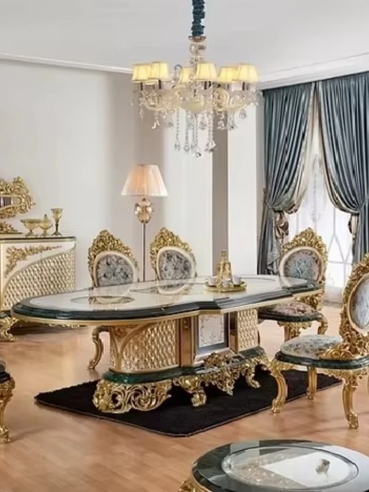 Royal carved teak 8-seat tableware Elegant retro luxury wooden dining table and chairs Best 8-seat royal dining table