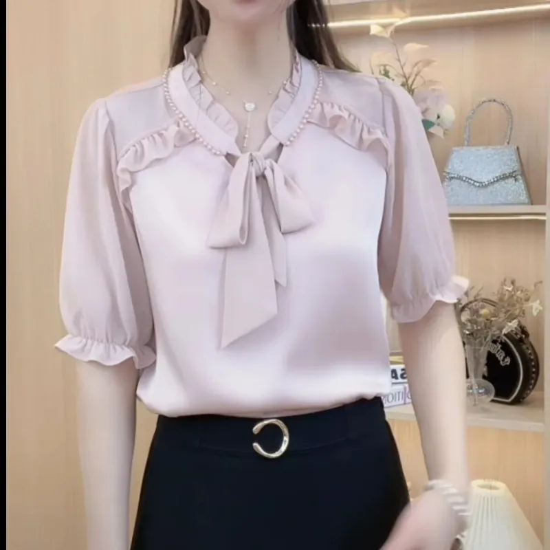 

Women's Summer Bow Tie Beaded Chiffon Shirt Satin Acetate Blouse Loose Plus Size Elegant Casual Tops