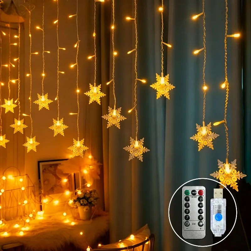 USB Remote Snowflake Fairy Light 8 Modes Flash Wave Steady Lighting Warm White White Colorful for Home Holiday Decor