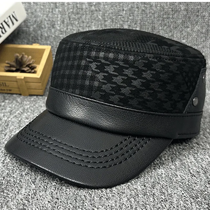 NEW Autumn Winter Men's Natural Genuine Leather Cap Military Hats Suede Sheepskin Leather Warm Flat Caps For Men Snapback Cap