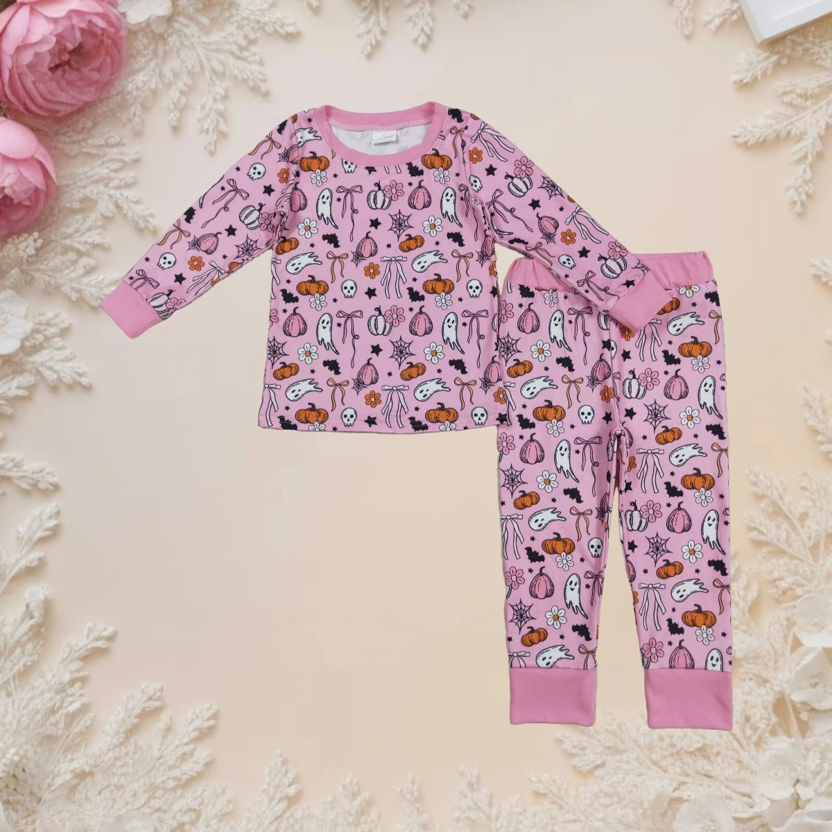 

New Baby Girl Long Sleeve Pajamas Set Kids Halloween Pink Ghost Pumpkins Printed Cute Cozy Sleepwear Soft Outfit Infant Toddler