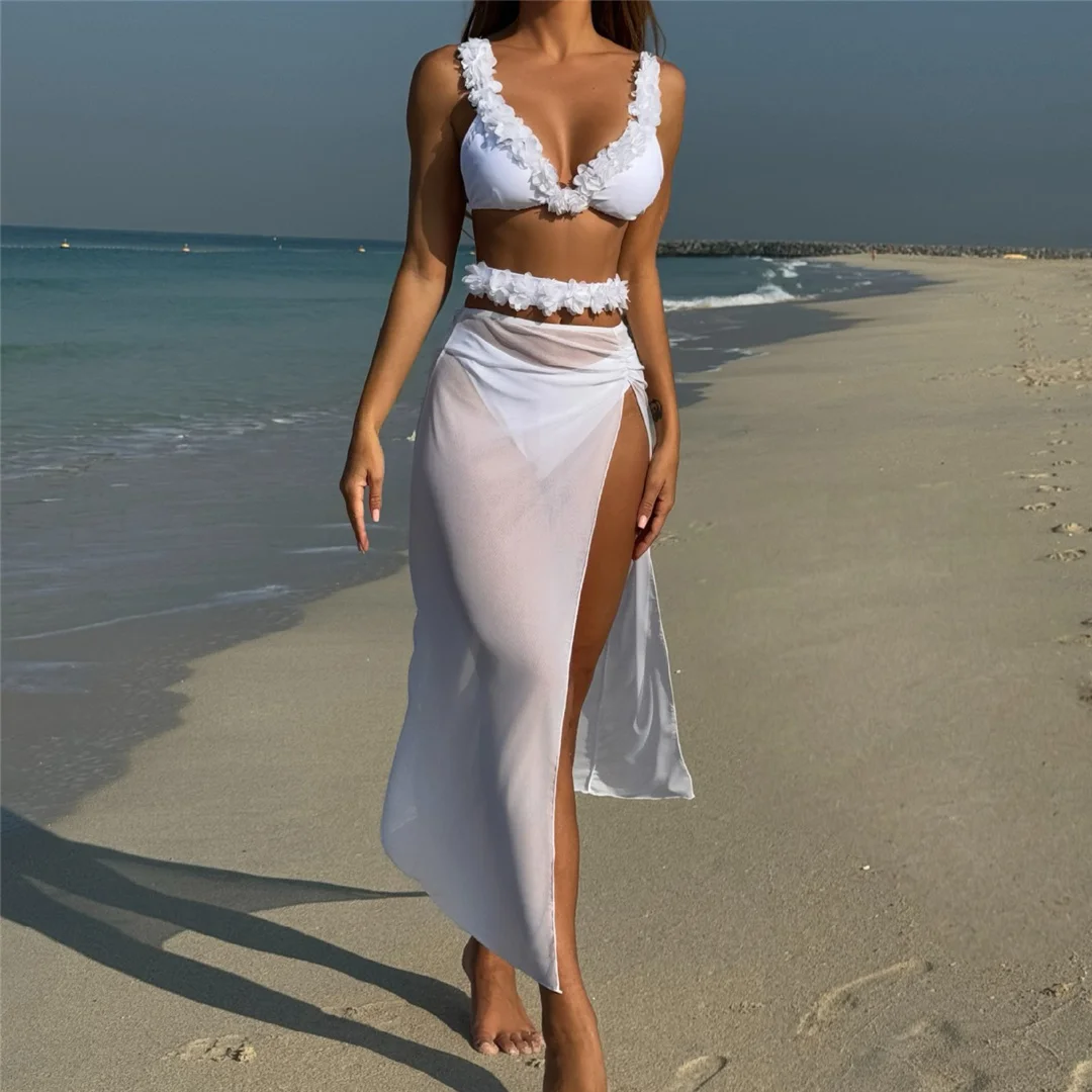 Mit Rock, 3D-Blumen, V-Ausschnitt, Bikini, Damen-Badebekleidung, dreiteiliges Bikini-Set, Damen-Badeanzug, gepolsterter Badeanzug, Badebekleidung, V6505. – Detail 3