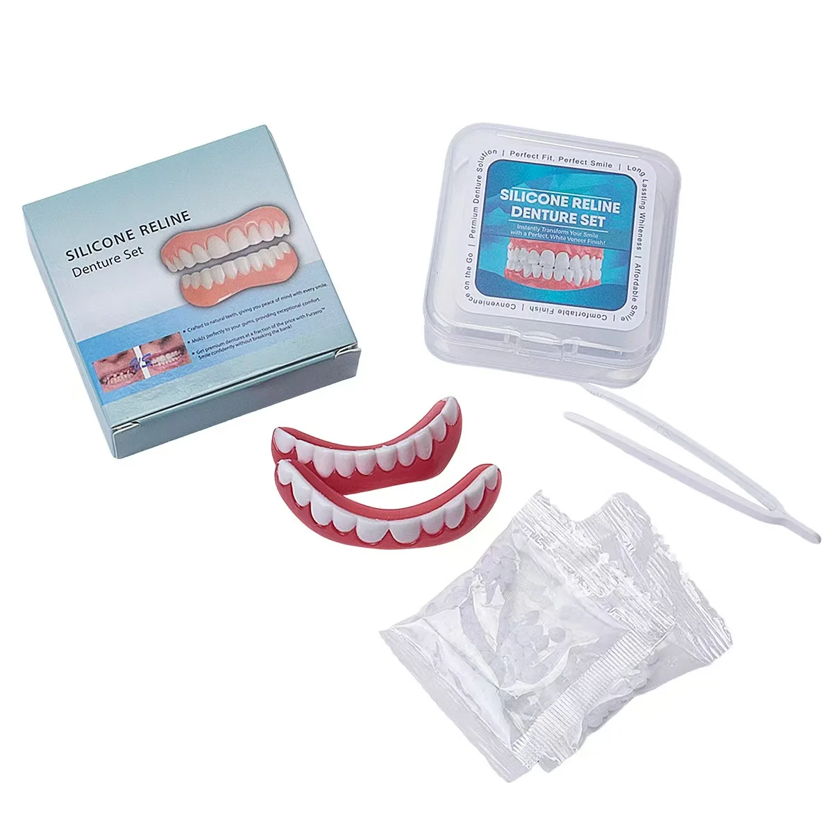 Silicone Reline Denture Set, Upper & Lower Snap On Teeth Veneers, Instant Cosmetic Teeth with Adhesive Beads for Missing Teeth