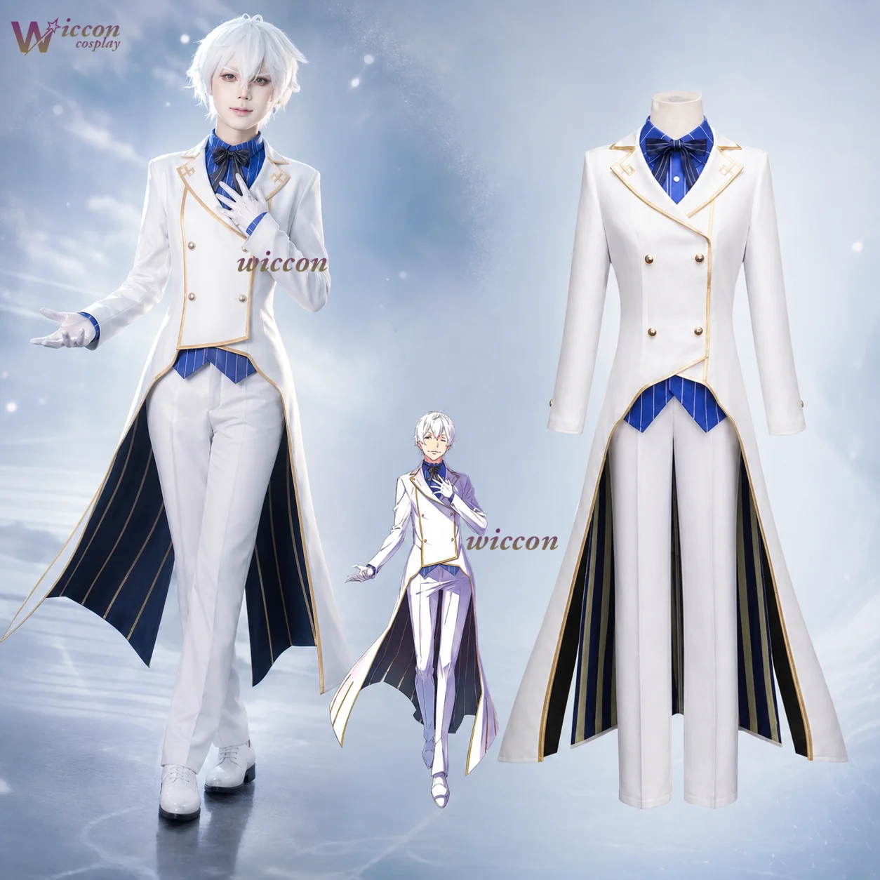 Костюм для косплея Мое-Мимик Регулус Корнеас из аниме «RE:Zero». Красивый белый смокинг, синяя полосатая рубашка, белые парики. Полный комплект для Хэллоуина.