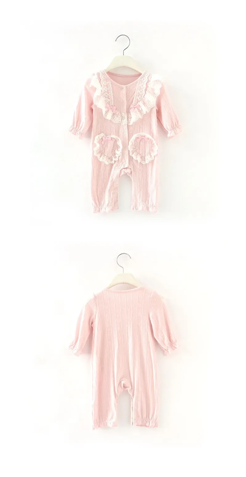 2023 Bodysuit Baby Meisjes Pasgeboren Full Mouw Herfst Klimmen Katoenen Kanten Strik Roze Mooie Zachte Warme Zonder Capuchon