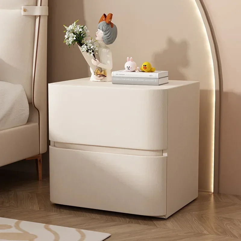 Cream Quiet Wind Solid Wood Small Bedside Table Bedroom Microfiber Leather Floor Cabinet Light Luxury Storagesturdy And Durable