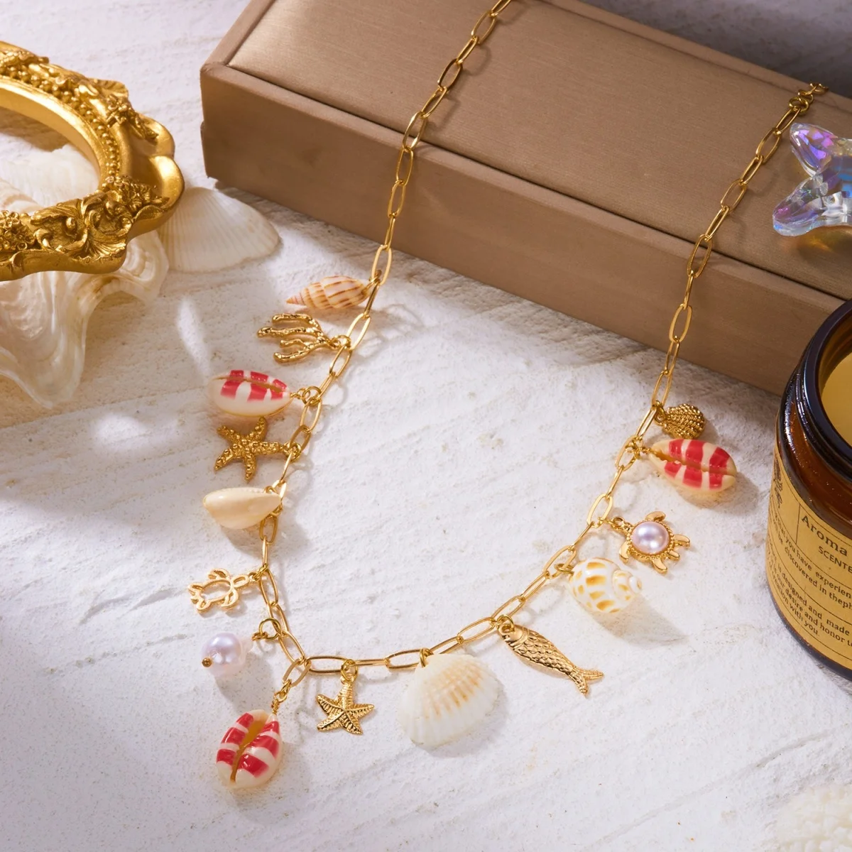Sommerurlaub Muschel Seestern Conch Fisch Schildkröte Korallen Anhänger Halskette für Damen Herren Imitationsperlen Choker Ozean Strand Schmuck – Detail 20