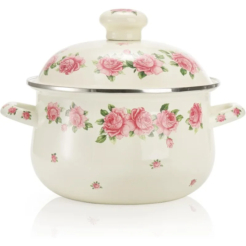 

Enamel Stockpot with Lid, 2.8 Quart Retro Cooking Pot, Vintage Floral Stew Bean Simmer Pot with Handle, Kitchen Soup Pot, Safe