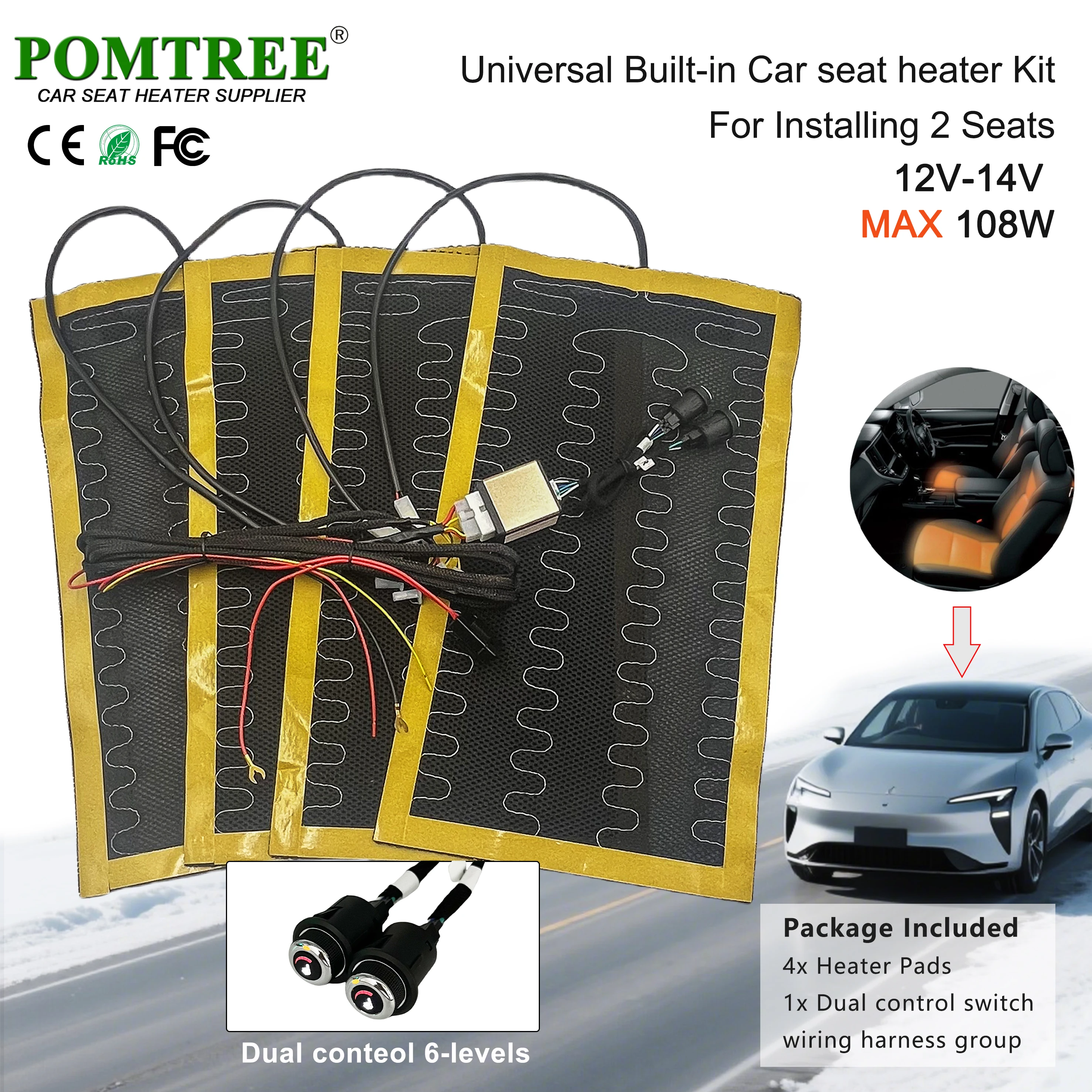 Universal Built-In Car Seat Heater Kit Fit 2 Seats,with 6-Level Dual Control Switch System 12V MAX 108W Alloy Wire Heating Pads