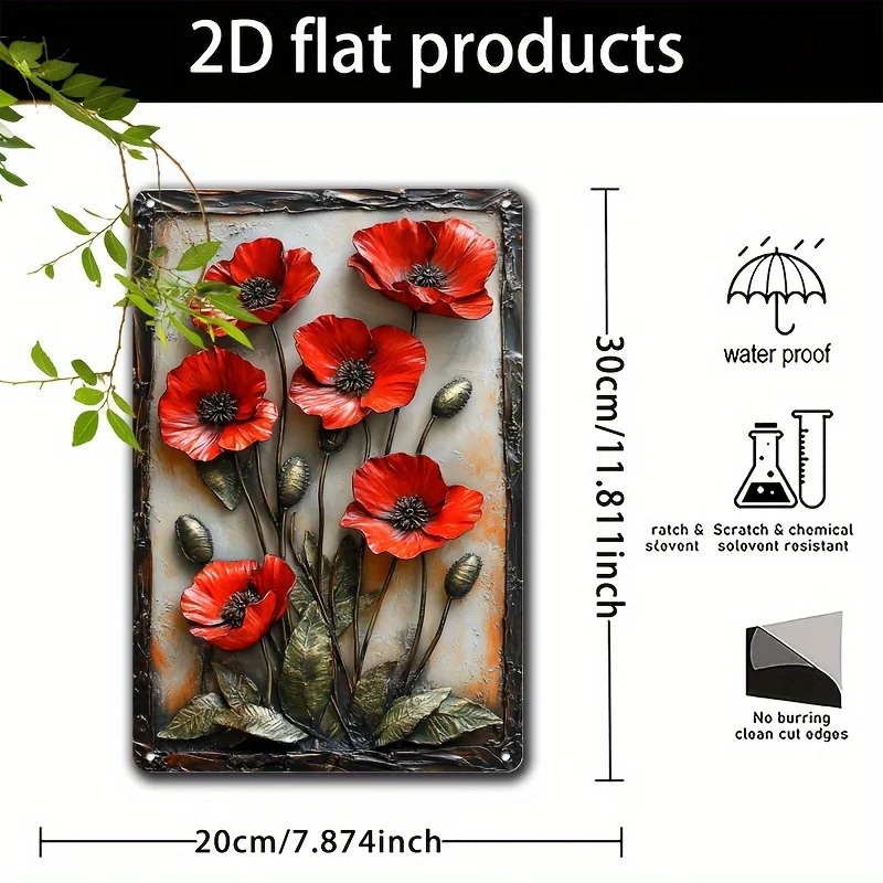 Vintage Poppy Metal Wall Art 2D Flat Rustic Floral Decor Home Office Bedroom Spring Gift 20x30 cm