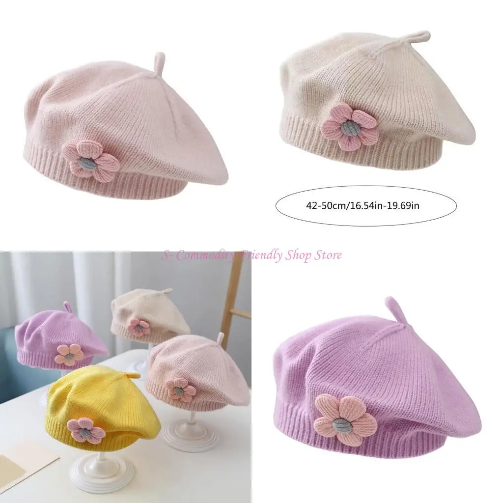 

85AE Flower Decor Baby Hat Winter Warm Knitted Caps for Infant Girls