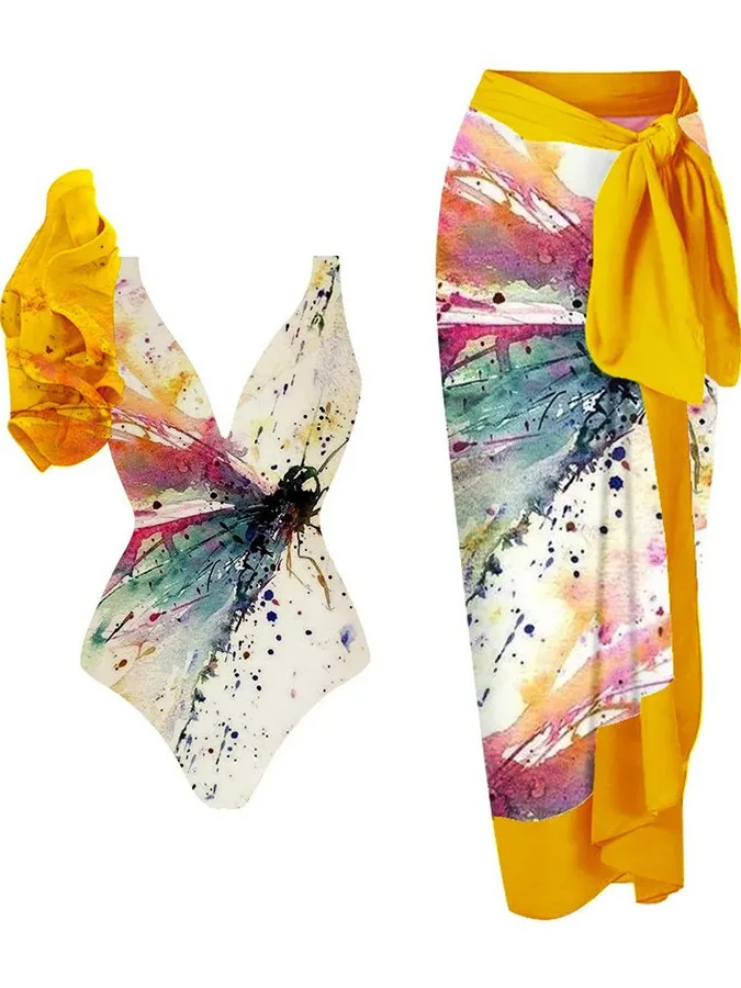 One-Shoulder Swimsuit Ruffle Dragonfly Print Colorful Swimsuit Cute Beachwear Swimsuit Sexy Flattering Women Summer Swimwear