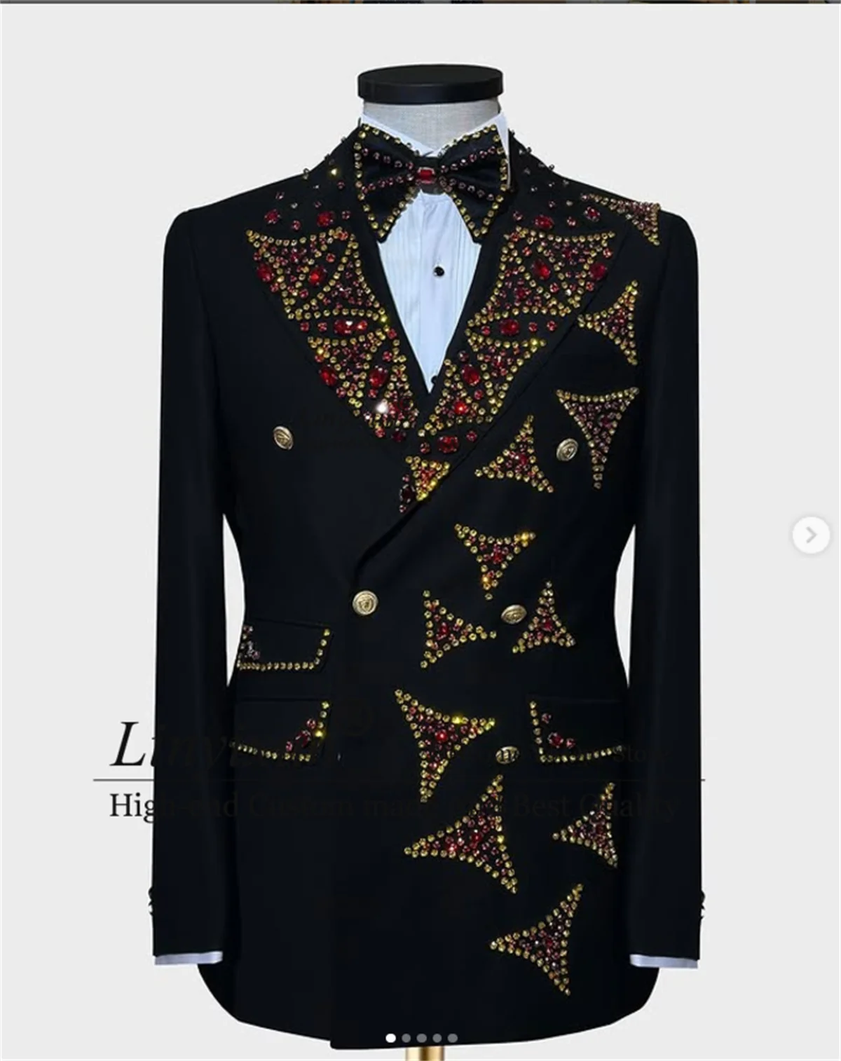 Luxury Beaded Crystal Men Suits Double Breasted Groom Tuxedos 2 Pieces Sets Male Wedding Prom Blazers Customized Costume Homme