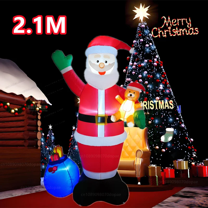 2.1M Christmas Inflatable knapsack Santa Claus holding teddy bear  Built-in LED Light Outdoor Holiday Party Fun Decoration Props