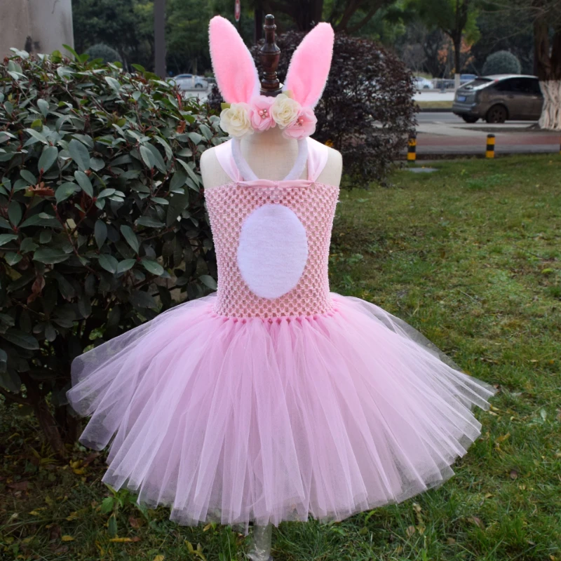 Kids Easter 2-Piece Outfit, Bunny Mesh Tutu Dress + Flower Headband, Soft Mesh Fluffy Princess Dress, Festival Party Costume