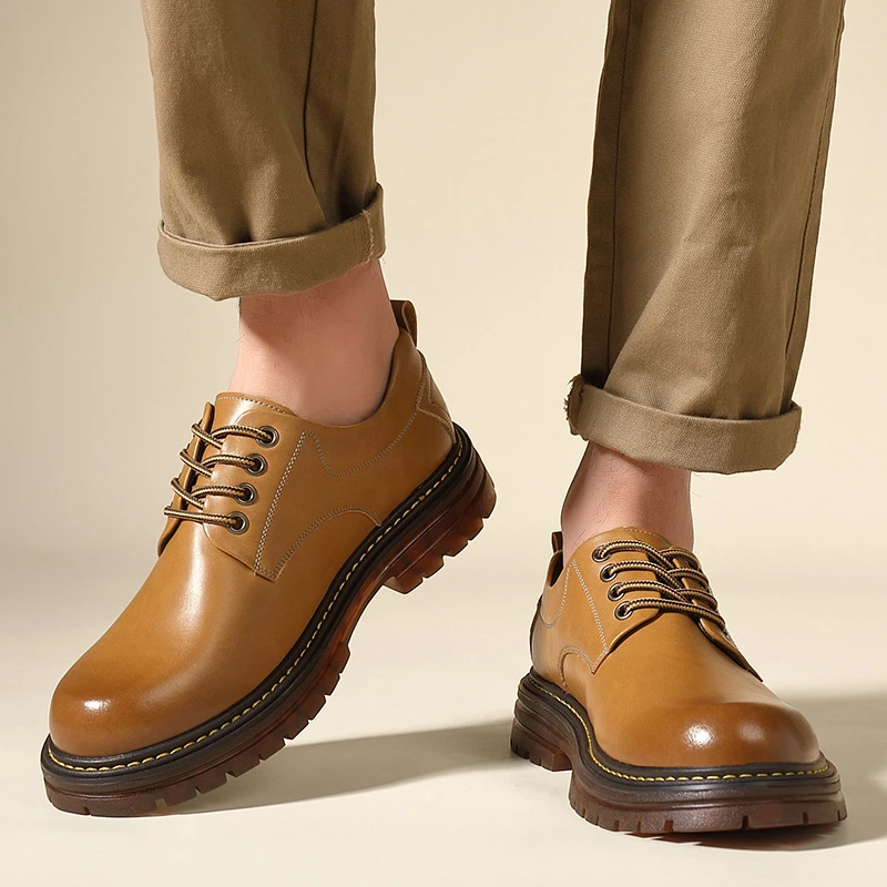 

British Style Mens Tan Brown Genuine Leather Lace Up Chunky Platform Oxfords Retro Casual Business Office Work Daily Wear Shoes