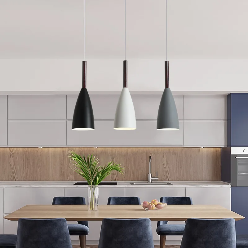 Three headed postmodern grey black and white iron wooden pole E27 home decoration lighting bar pendant lights indoor