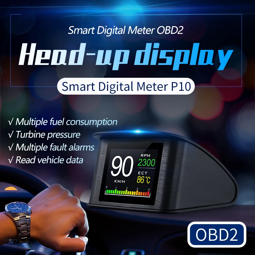 HUD P10 Head Up Display OBD Smart Digital Meter For Car Speedometer Temperature RPM Mileage Gauge Multi-function Overspeed Alarm