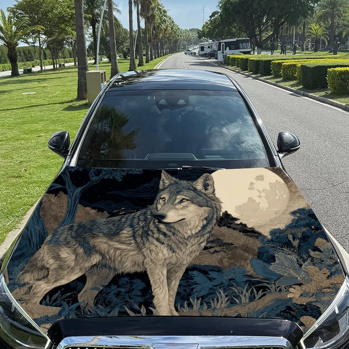 Lunar Wilderness Wolf Car Hood Sticker,Waterproof Self-Adhesive Vinyl Graphics Decals,Decorative Auto Accessories Stickers