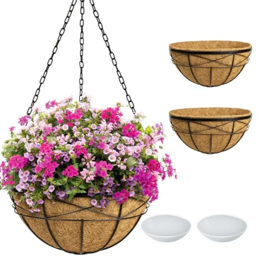 

2 Pack 20 Inch Extra Large Deep Hanging Planters for Outdoor Plants with Coco Liners and Metal Holder in Brown for Porch Balcon
