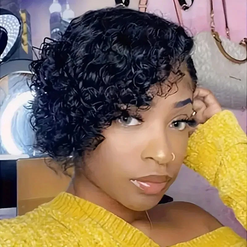 Short Curly Pixie Cut Lace Front Wigs 6 inch, 13X4X1 Human Hair
