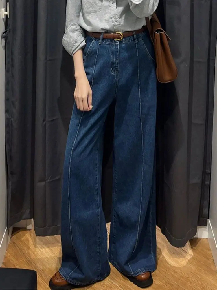 

Vintage Navy Blue Jeans Women High Waist Relaxed Straight Wide Leg Drape Trousers