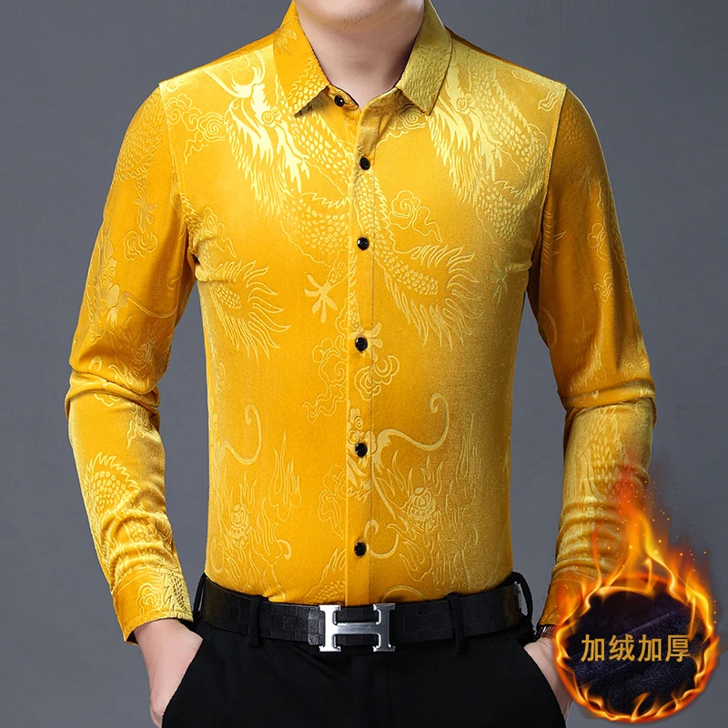 

Mens Thermal Velvet Clothing Autumn & Winter China Dragon Patterns Thicken Velour Shirts Male Gold Velvet Thick Dress Shirts