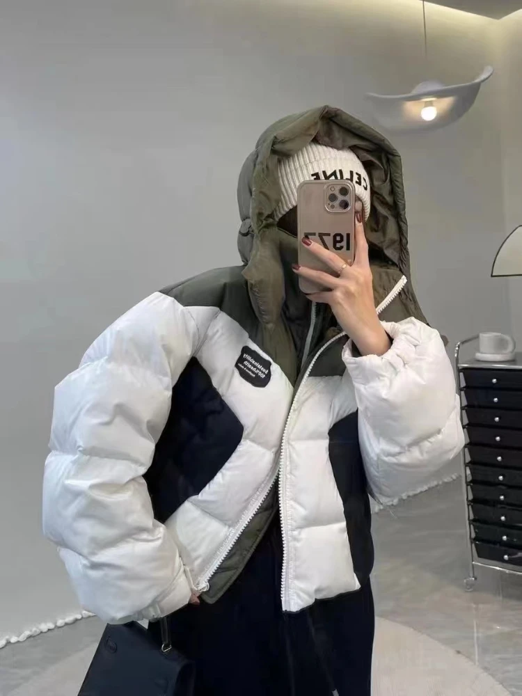 New Winter Short Down Jacket Splicing Thickened Personality Warm Fashion Cotton Jacket Hooded Winter Coat Women Jacket Women