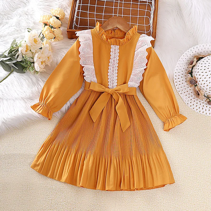 New Autumn Girls Dress Spring Kids Princess Dress 4-7 Years Yellow Lace Pleated Long-Sleeved Dress With Belt Girls Baby Clothing