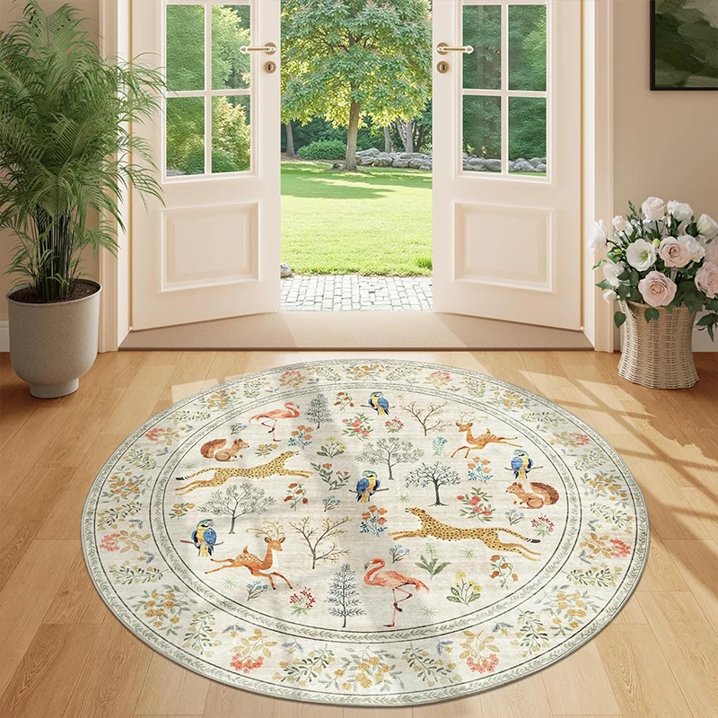 Round Living Room Rug Non-slip Machine Washable Soft Floor Mat Large Size Retro Animal Print Foot Mats Home Decoration Carpet