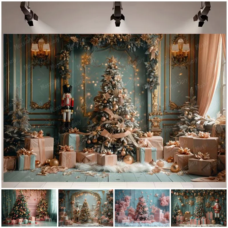 Weihnachts-Hintergrund für Fotografie, Glitzer-Weihnachtsbaum, Geschenke, Glocken, Baby-Porträt, fotografischer Hintergrund, Studio, Fotostudio