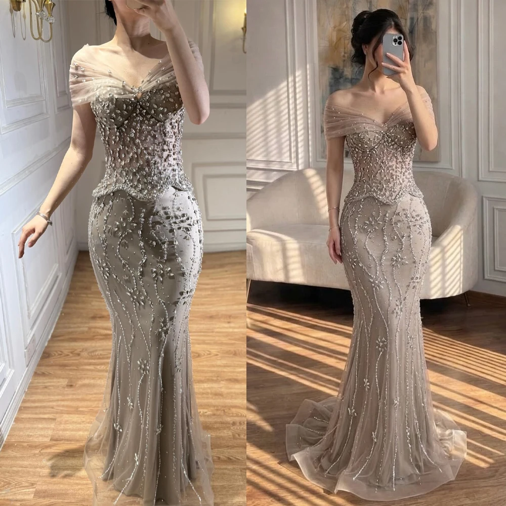 Elegante Abendkleider mit Schulterfreiem Design, Applikationen, Spitze, Perlen, Pailletten, Schnürung am Rücken, Ballkleid mit Schleppe, Maßanfertigung