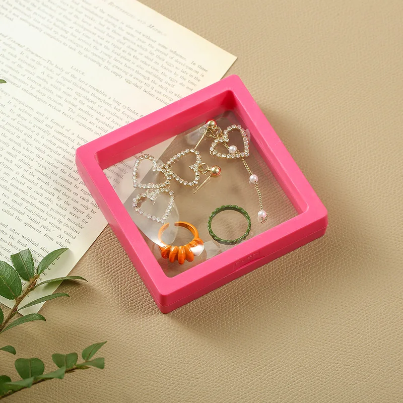 PE 3D Floating Display Case Stands  Transparent Square Holder Pendant Necklace Bracelet Ring Coin Jewelry Pin Storage Box