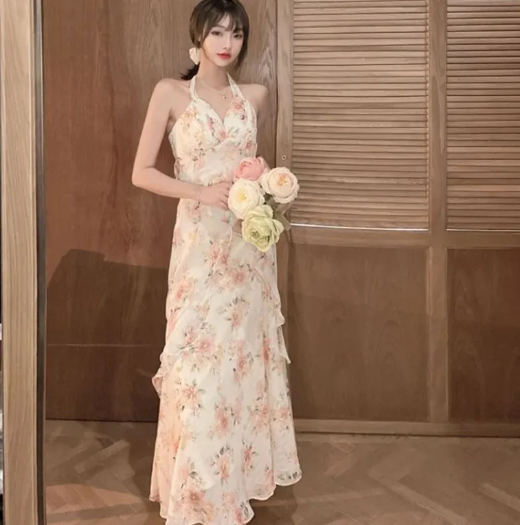 Vestido camisola floral sem costas feminino