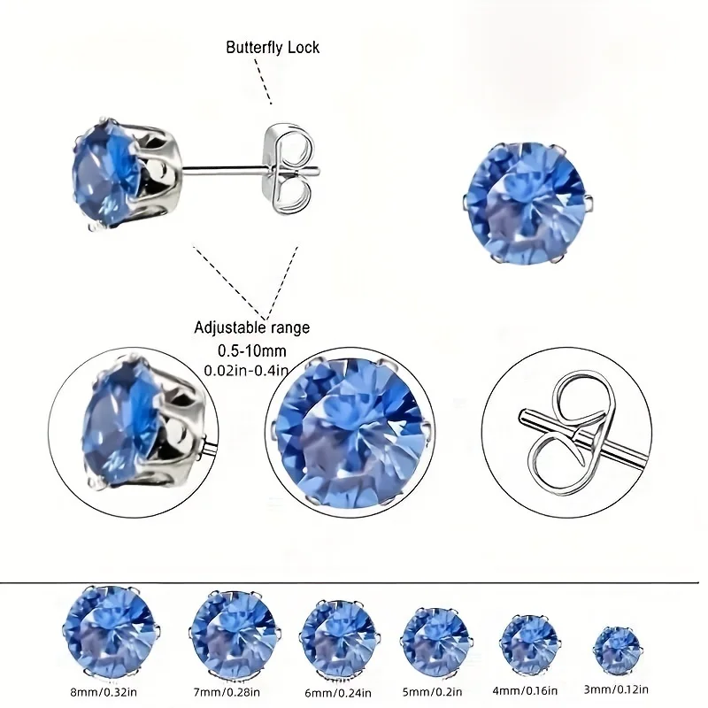 6pairs Hypoallergenic Fashion Stainless Steel Blue Cubic Zirconia Stud Earrings for Men Women Daily Wear Ear Jewelry 3-8mm