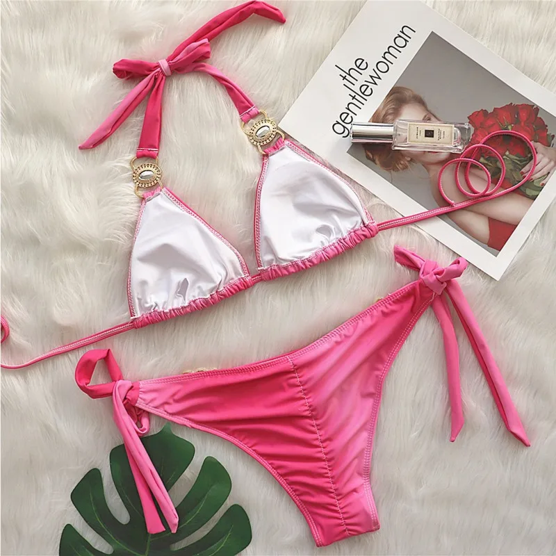 Summer Pink Sexy Bikinis Swimsuit With Rhinestones Swimwear Female Push Up Bikini Beach Swim Wear Bathing Suit Women Bather 2023