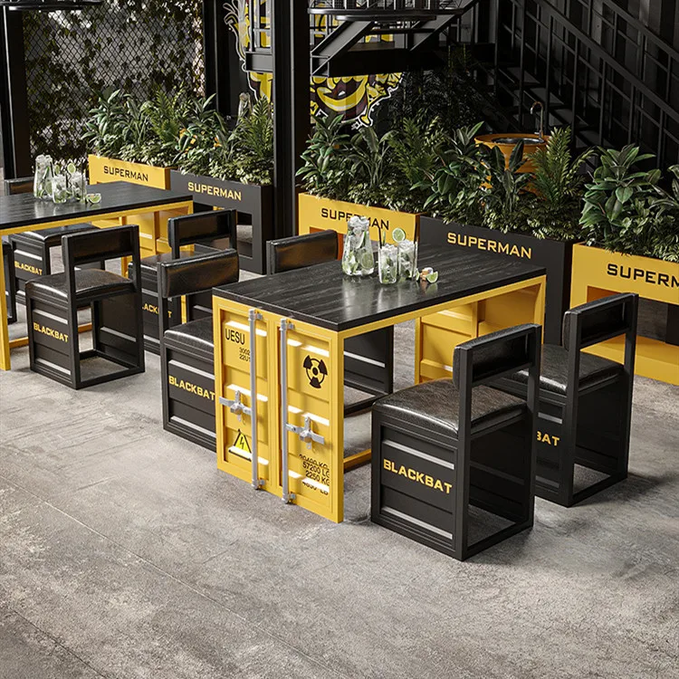 Industrial Bar Table & Chair Set Creative Industrial Theme Restaurant Iron Dining Table & Chairs