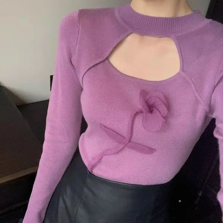 Knitted Sweater Chic New Chinese Style Purple Hollow Design Women Autumn Winter New Three-Dimensional Flower Bottoming Shirt Top