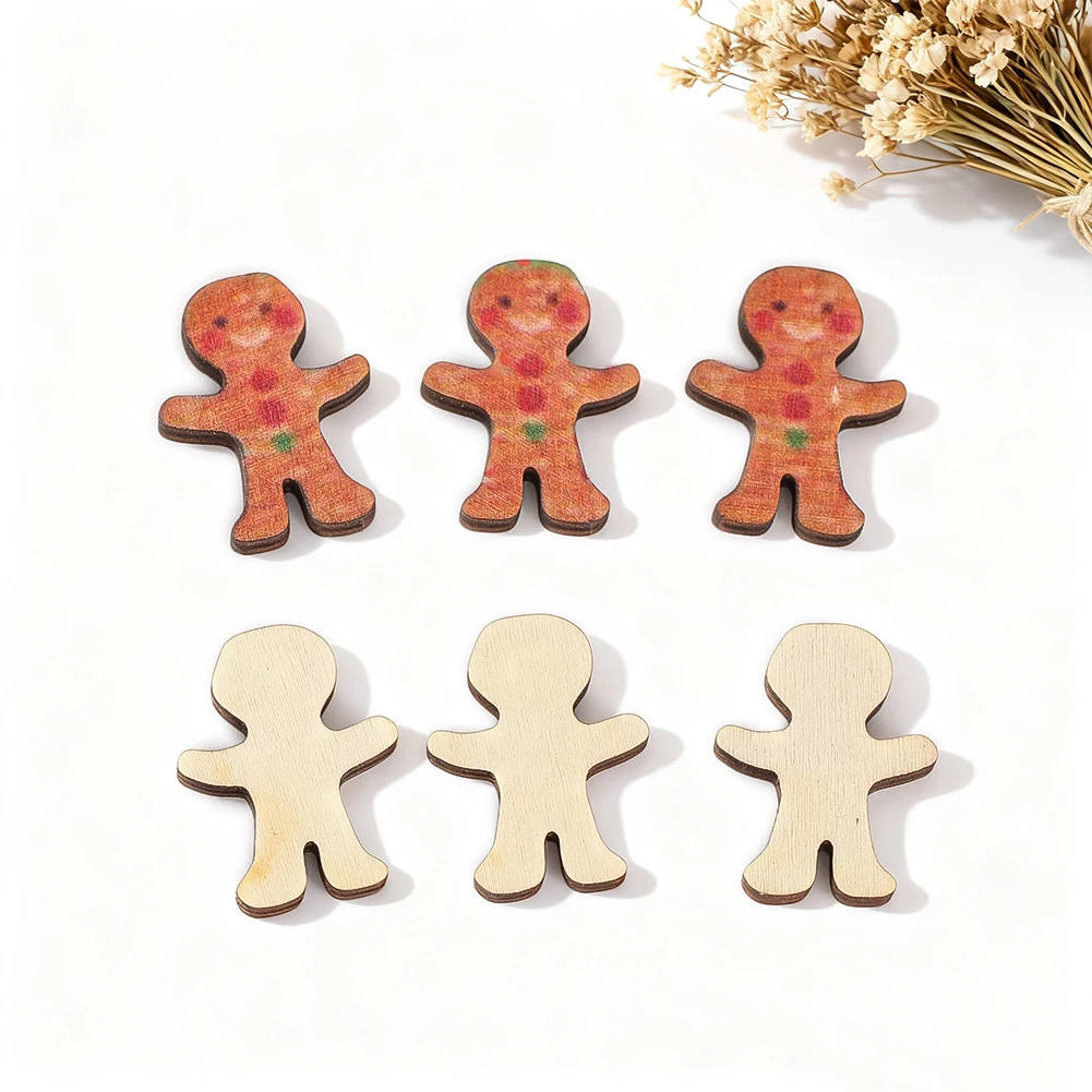10PCS Wooden Christmas Cartoon Gingerbread Man Ornaments DIY Hand-painted Doodle Wood Pieces for Christmas Tree Decoration