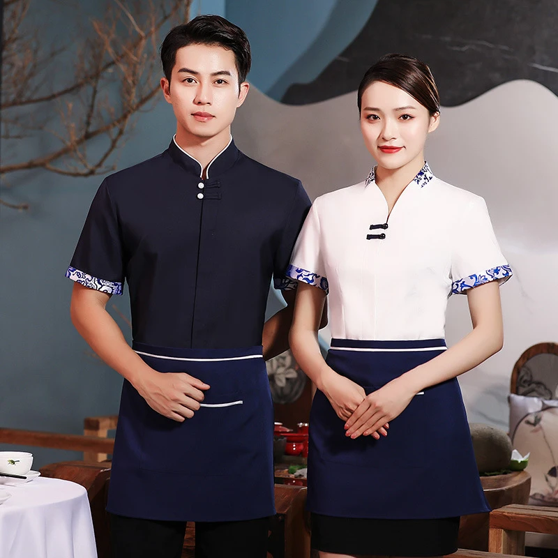Uniforme de trabajo para camarero, de manga corta, para restaurantes, restaurantes de hot pot, hoteles y posadas rurales, uniforme de trabajo vintage de verano de manga larga