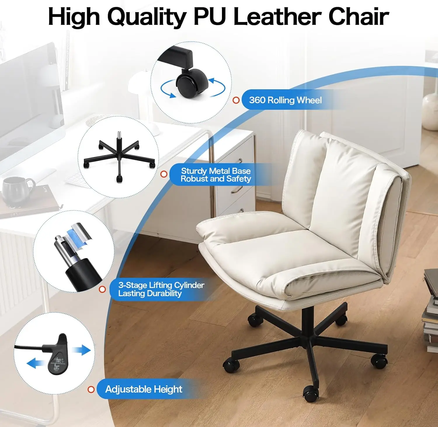 Criss Cross Legged Armless Office Chair PU Leather Home Comfy Vanity Chair Mid Back Wide Seat Fabric Padded Chair Bedroom Beige image 4