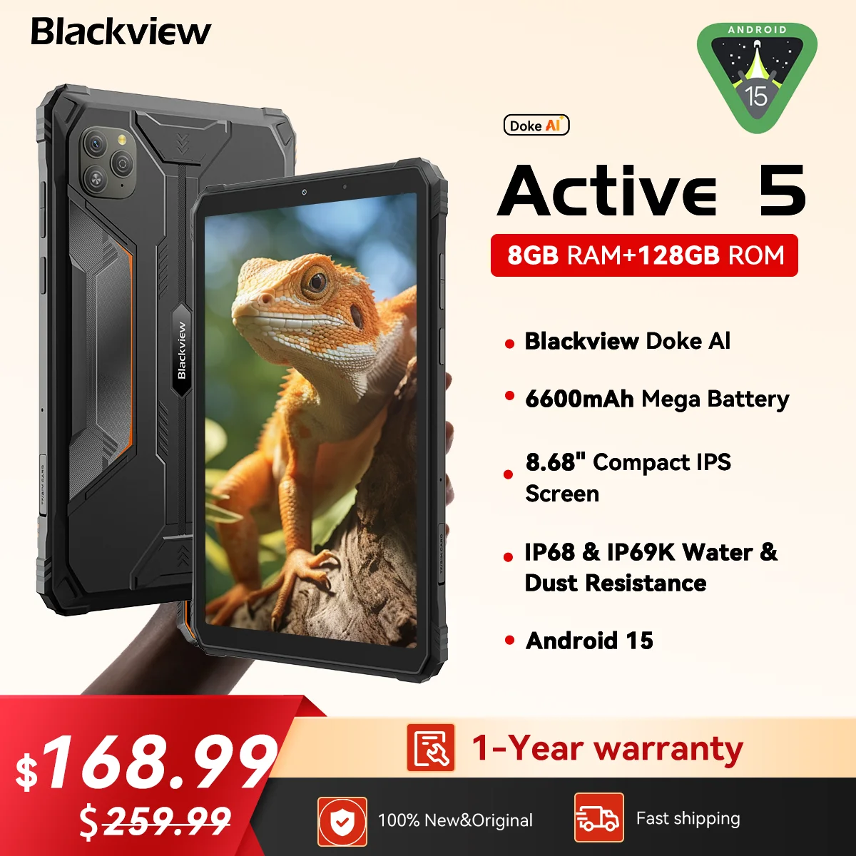 Blackview Active 5 tablette robuste, 8.68 "HD + 90Hz Android 15 Mini Pad, 8GB + 128GB, batterie 6600mAh, étanche/double SIM/IP68/NFC/GPS